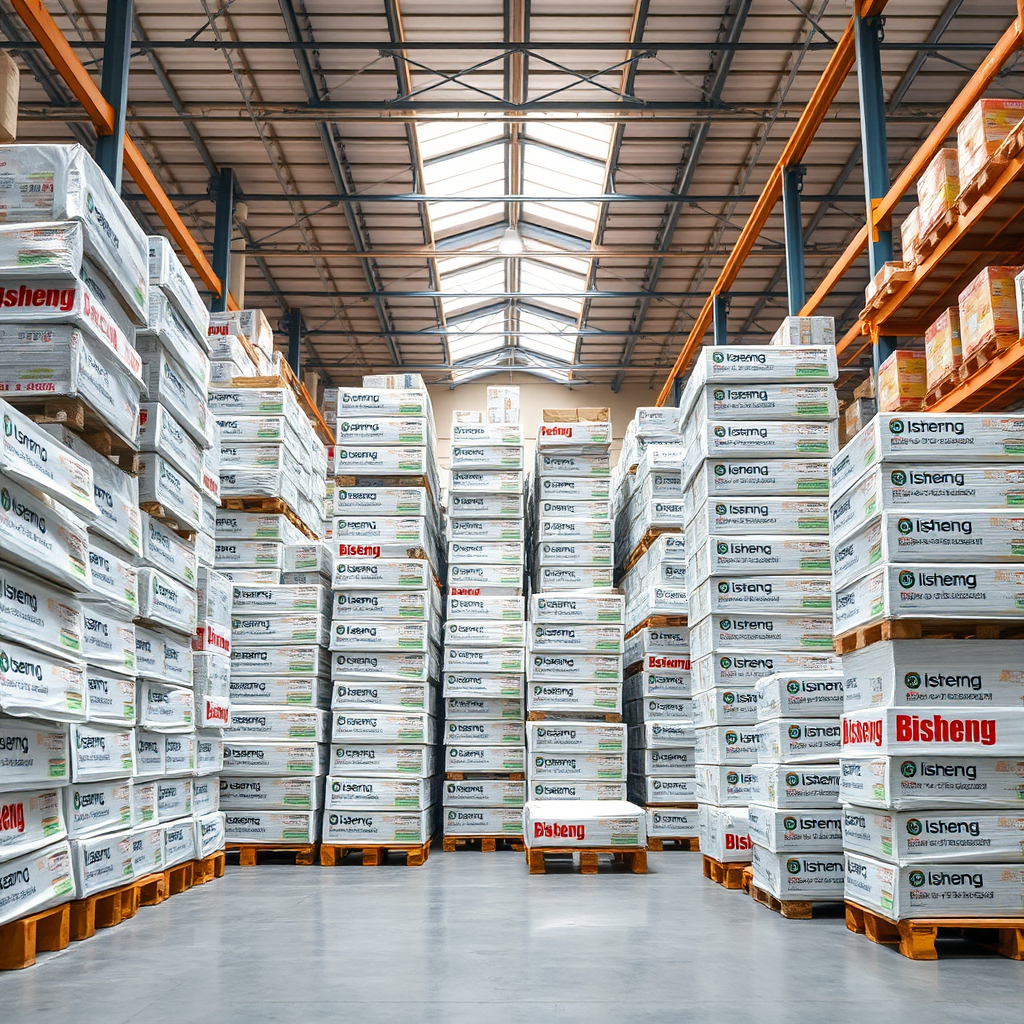 A photorealistic image depicting a large quantity of Bisheng products neatly stacked and packaged in a warehouse setting. The lighting is bright and even, highlighting the quantity of products. The background is a well-organized warehouse. Camera angle is a wide shot. Details should include the packaging and stacks of items. Style reference: warehouse inventory. Technical specs: 4K resolution, high quality.
