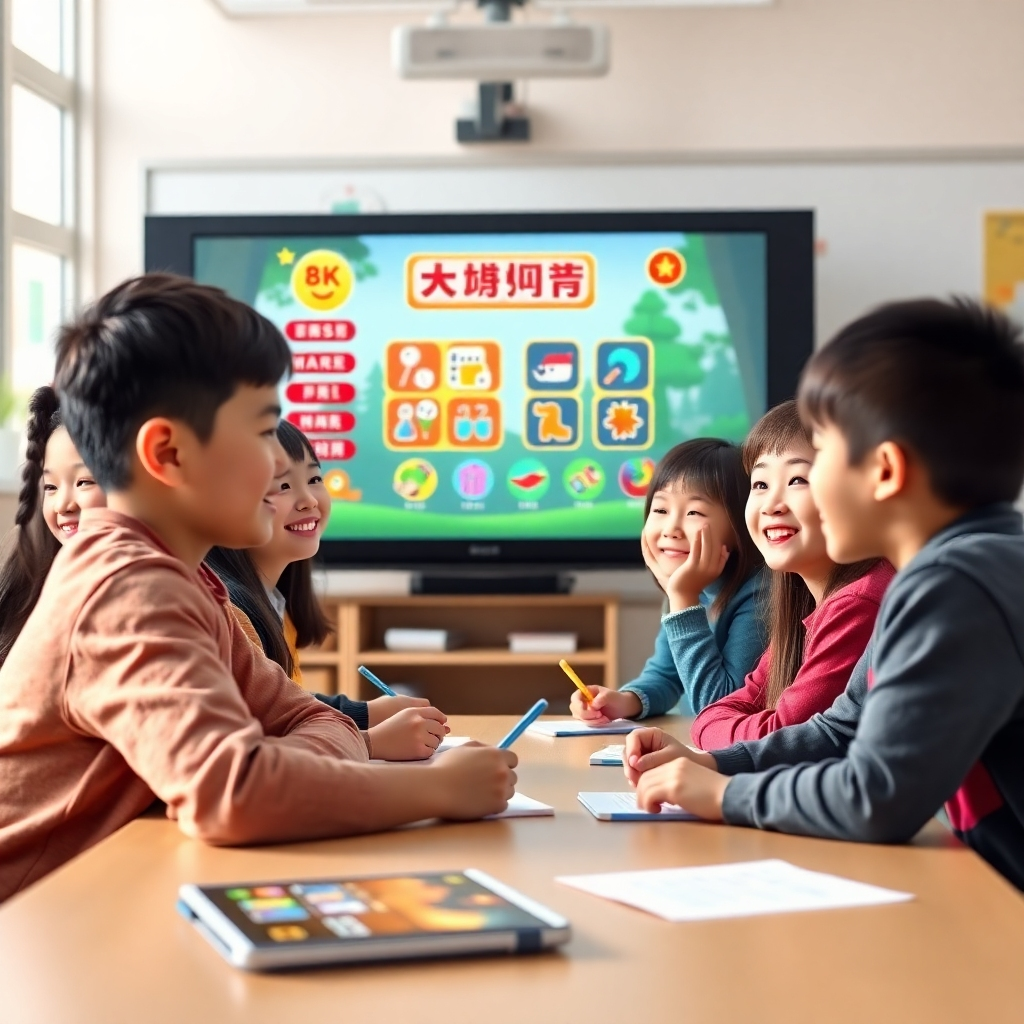 A photorealistic image of a group of students playing a Chinese language learning game on a smartboard. The game interface displays colorful graphics and interactive elements. The students are engaged and smiling. The background is a bright and cheerful classroom environment. Use soft, natural lighting and focus on the expressions of the students. Render in 8k resolution with hyperrealistic detail.