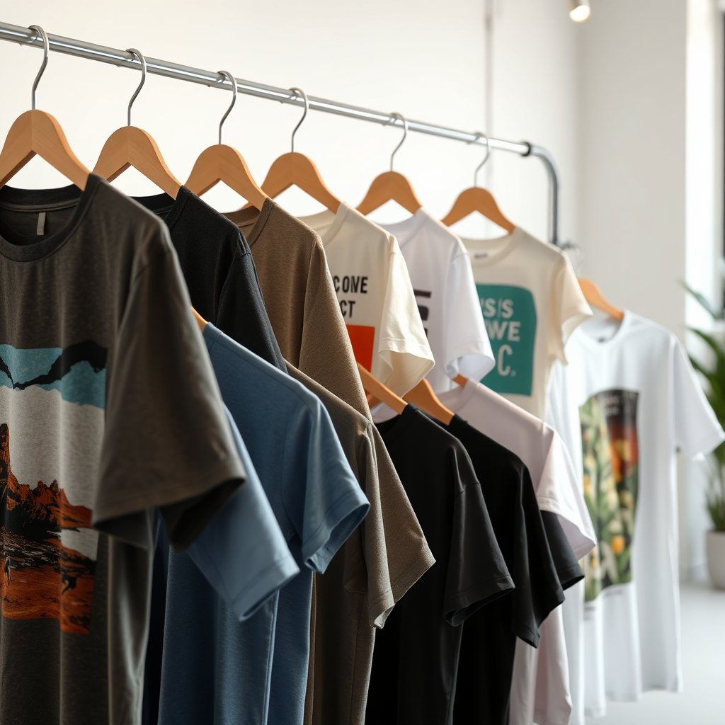 A photorealistic image showcasing a diverse range of t-shirts hanging on a stylish clothing rack. The t-shirts feature various designs: abstract art, witty slogans, and nature-inspired graphics. The lighting is soft and diffused, highlighting the fabric textures and print details. The background is a clean, minimalist studio space. Camera angle is a medium shot, focusing on the variety of designs. Details should include the texture of the fabric, the sharpness of the prints, and the overall style of the rack. Style reference: modern e-commerce product photography. Technical specs: 4K resolution, high quality.