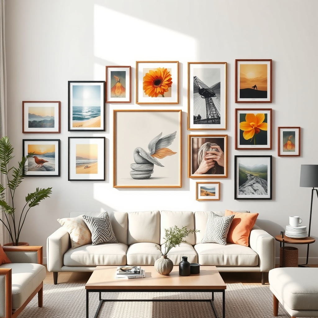 A showcase of various wall art prints, displayed on a clean white wall in a modern living room setting. The prints feature diverse styles, from abstract paintings to photographic prints. The lighting is soft and natural, highlighting the colors and textures of the artwork. Camera angle is a medium shot. Details should include the frame details, paper texture, and colors. Style reference: interior design photography. Technical specs: 4K resolution, high quality.