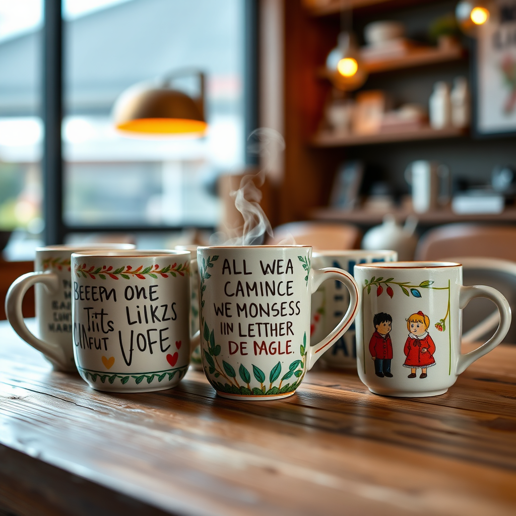 A still-life image showcasing a collection of Bisheng mugs arranged on a wooden table. The mugs feature a variety of designs: hand-painted patterns, funny quotes, and vibrant illustrations. The lighting is warm and inviting, highlighting the ceramic textures and colors. The background is a blurred cafe setting, hinting at the enjoyment of a warm beverage. Camera angle is a close-up shot, focusing on the details of the mugs. Details should include the texture of the ceramic, the sharpness of the prints, and the steam rising from one of the mugs. Style reference: food and beverage photography with a touch of rustic charm. Technical specs: 4K resolution, high quality.