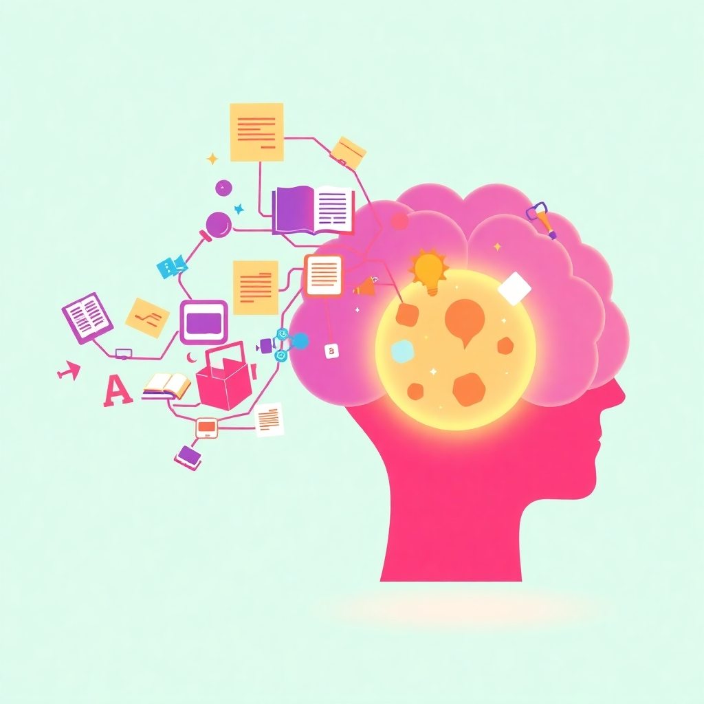 A stylized digital illustration depicting a data stream flowing into a brain-shaped interface. The data stream is composed of icons representing various educational resources such as books, videos, and interactive exercises. The brain interface is glowing, indicating the constant updating and learning process. Use vibrant colors and a modern, minimalist style. Render in 8k resolution with hyperrealistic detail.