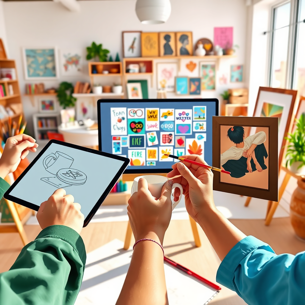 A stylized image representing the heart of Bisheng's offerings. The scene depicts a diverse group of hands collaboratively creating art. One hand is sketching on a digital tablet, another is applying paint to a mug, a third is arranging cliparts on a screen, and a fourth is framing a wall art print. The background is a bright, airy studio space filled with art supplies and inspirational materials. The lighting is soft and natural, casting gentle shadows. The color palette is vibrant and playful, with a focus on primary and secondary colors. Camera angle is a medium shot, capturing the collaborative energy of the scene. Details should include textured paintbrushes, detailed digital artwork, and high-quality prints. Style reference: a blend of illustration and photorealism. Technical specs: 4K resolution, high quality.