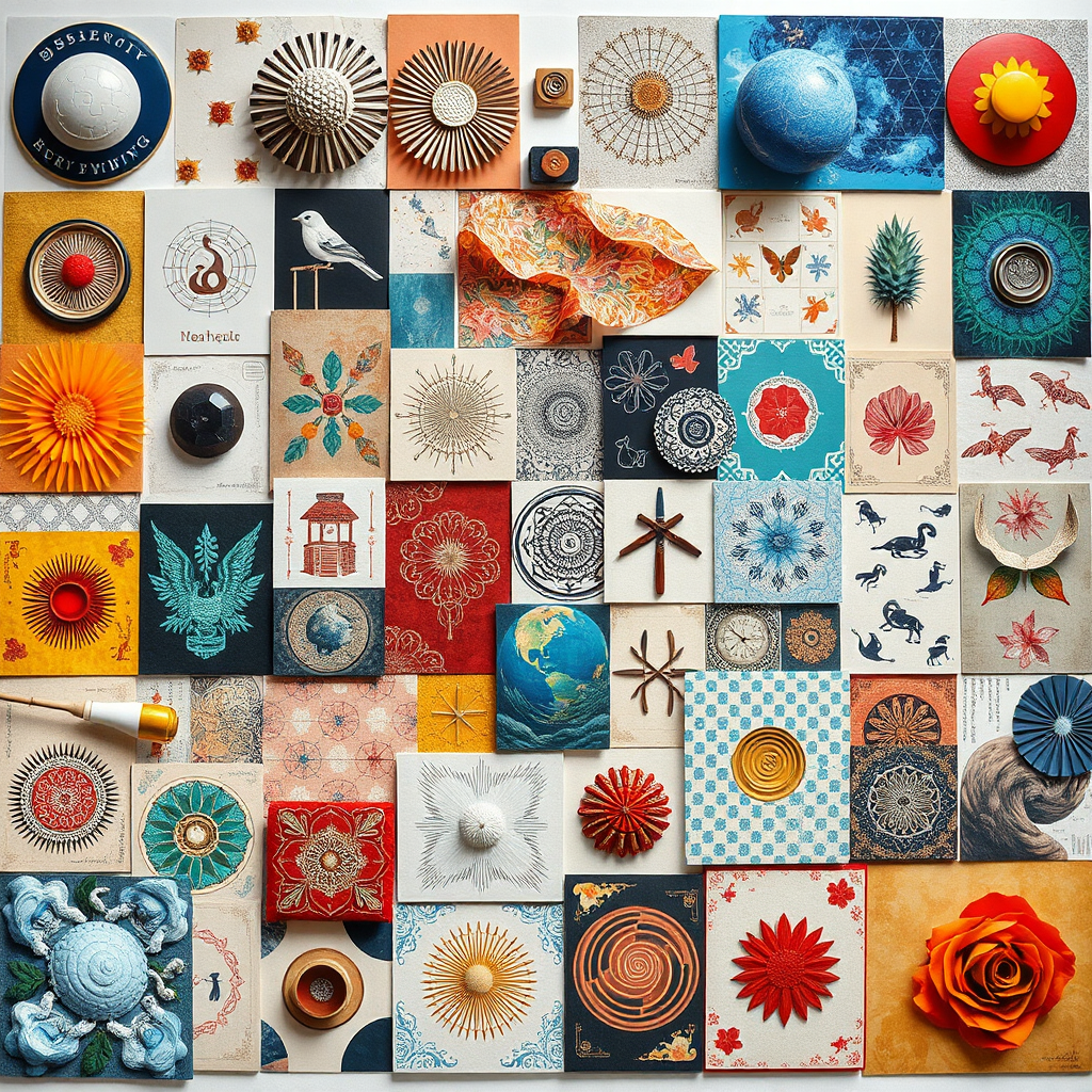 A visually diverse image featuring a collage of design elements, patterns, and artistic creations sourced from the Bisheng collection. There is a variety of textures, colors, and styles. The background is neutral. The lighting is even. Camera angle is a wide shot, showcasing the diversity. Details should include various textures and patterns. Style reference: artistic collage design. Technical specs: 4K resolution, high quality.