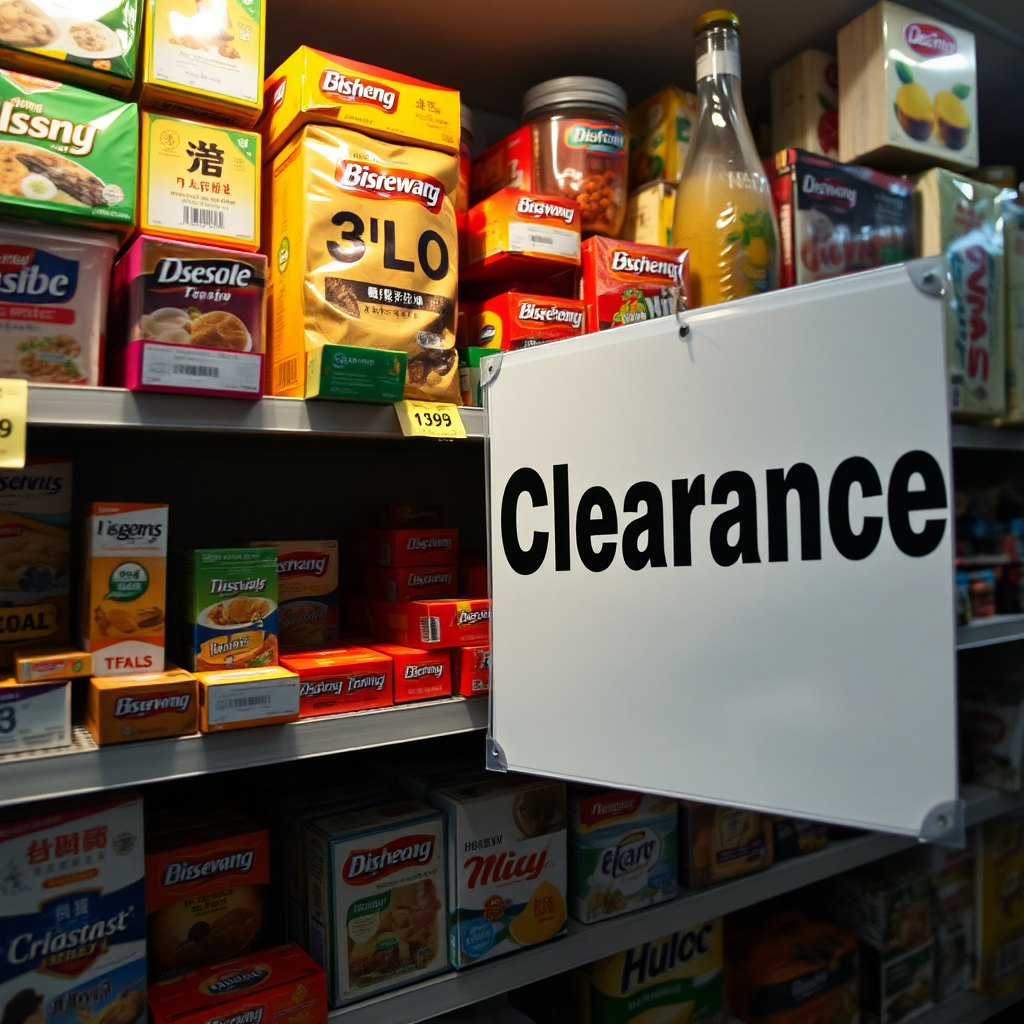 An image depicting a shelf overflowing with various discounted Bisheng products. Some items are slightly askew, conveying a sense of urgency. A large 'Clearance' sign is prominently displayed. The lighting is a bit dramatic, with shadows emphasizing the feeling of limited stock. Camera angle is a medium shot, highlighting the packed shelf. Details should include the texture of the products and the bold lettering of the sign. Style reference: retail clearance photography. Technical specs: 4K resolution, high quality.