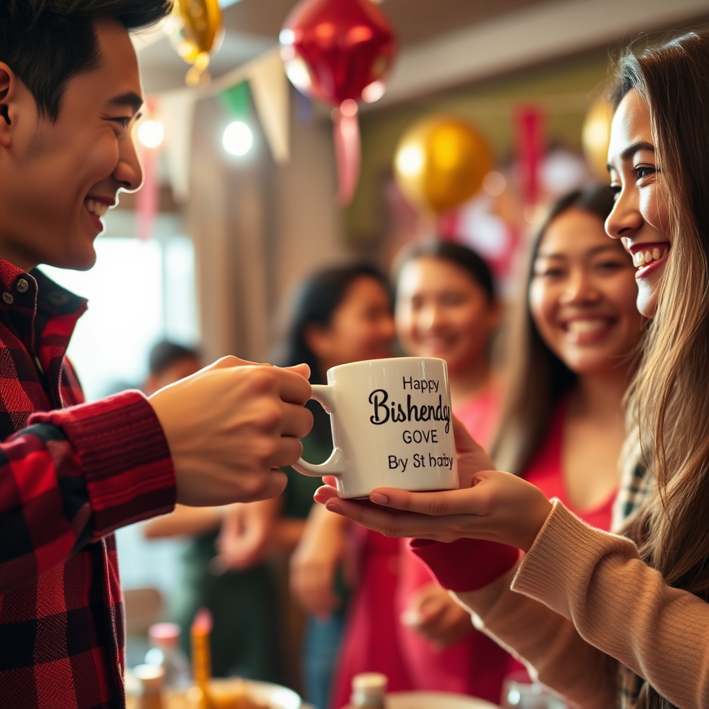 An image showcasing a variety of personalized Bisheng products being gifted. A person is handing over a personalized mug to another. They are smiling. The background shows a festive birthday party. The lighting is warm and cheerful. Camera angle is a medium shot, capturing the joyful interaction. Details should include happy expressions and product close-ups. Style reference: lifestyle gift photography. Technical specs: 4K resolution, high quality.
