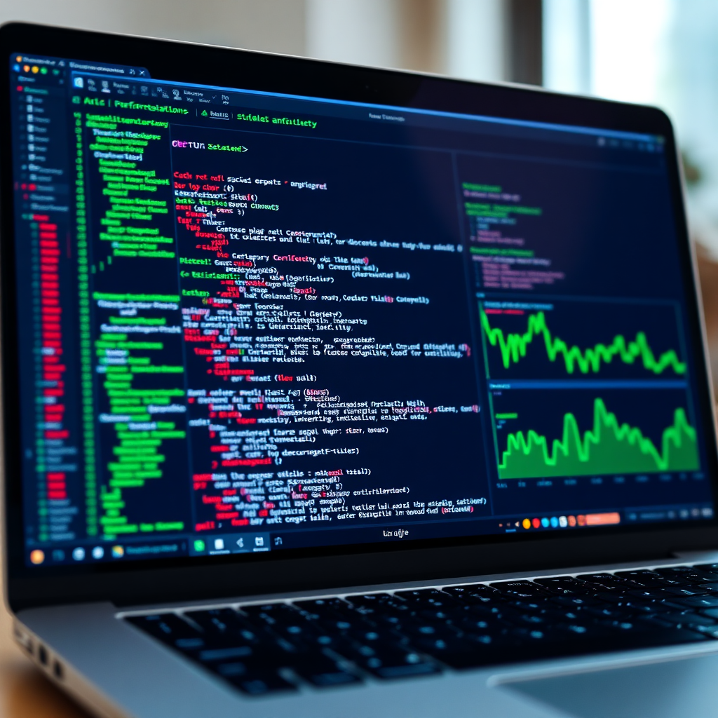 A modern office with a team of professionals working on computers, with charts and graphs on a large screen in the background. The scene should convey efficiency and organization.