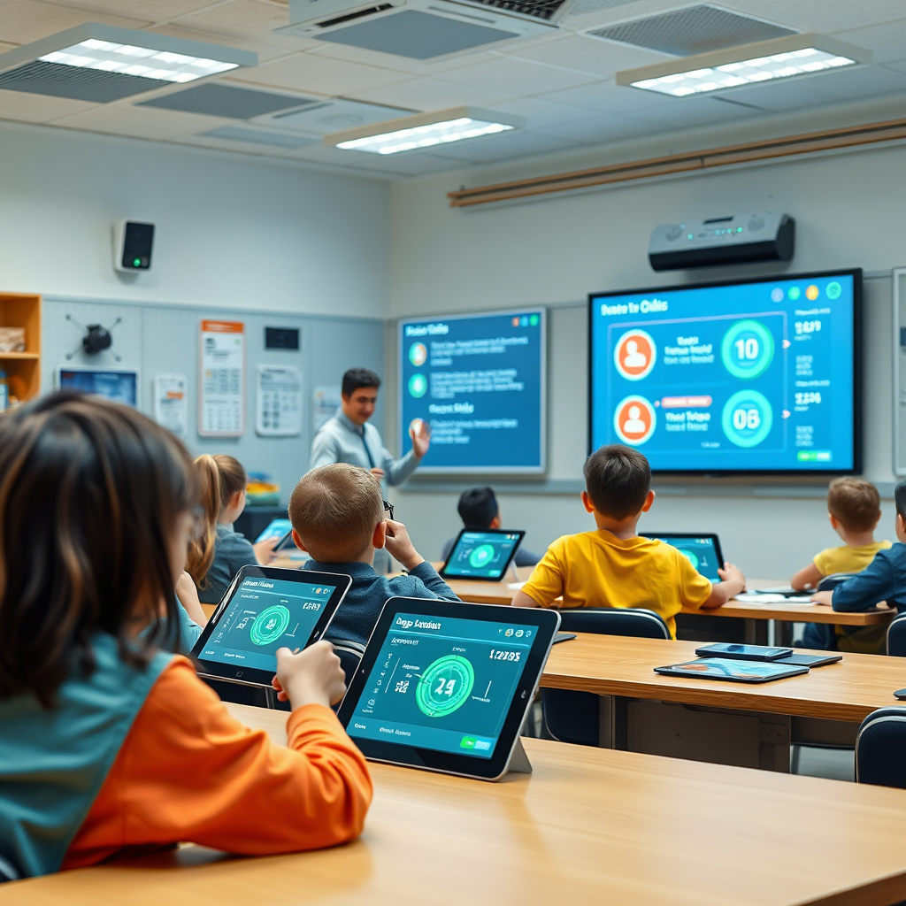 Create a photorealistic image of a vibrant classroom scene where AI is facilitating interactive learning. The image should feature students using tablets to participate in a virtual quiz, with real-time results displayed on a large screen. The teacher is guiding the activity, encouraging students to engage with the material. The lighting is bright and energetic, creating a sense of excitement and collaboration. The color palette should be vibrant and playful, featuring blues, greens, yellows, and oranges. The camera angle should be slightly elevated, capturing the entire classroom and the dynamic interaction between students and technology. Add details such as holographic projections and gamified learning elements to enhance the sense of innovation.