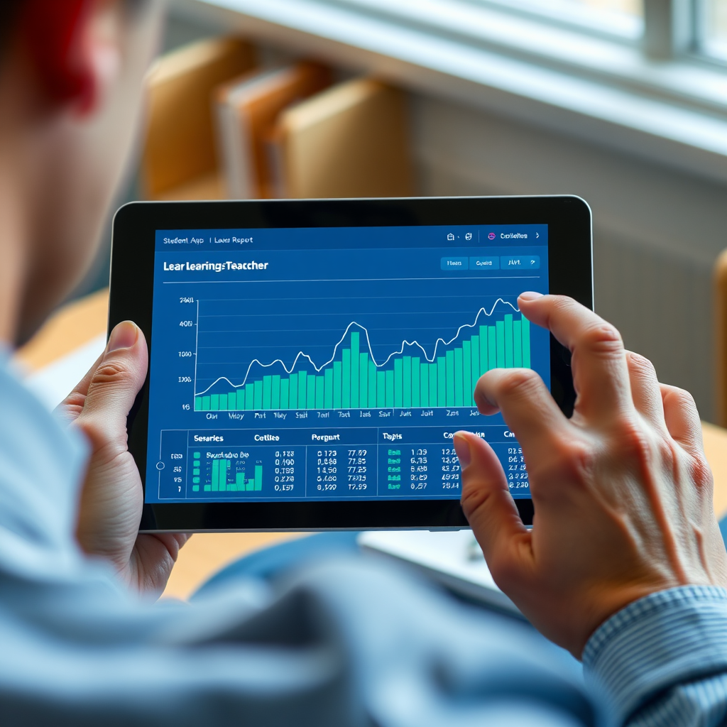 Create a photorealistic image of a teacher reviewing a student's learning progress report generated by an AI teaching assistant. The image should feature a close-up shot of a tablet screen displaying a detailed graph showing the student's performance over time. The teacher is analyzing the data, looking for patterns and trends. The color palette should be calming and informative, featuring blues and greens. The camera angle should be slightly above the tablet, emphasizing the focus on the data analysis. Pay attention to texture details, making the tablet and the teacher's hands appear realistic and tactile. The overall style should be professional and data-driven, reflecting the power of AI to provide insights into student learning.