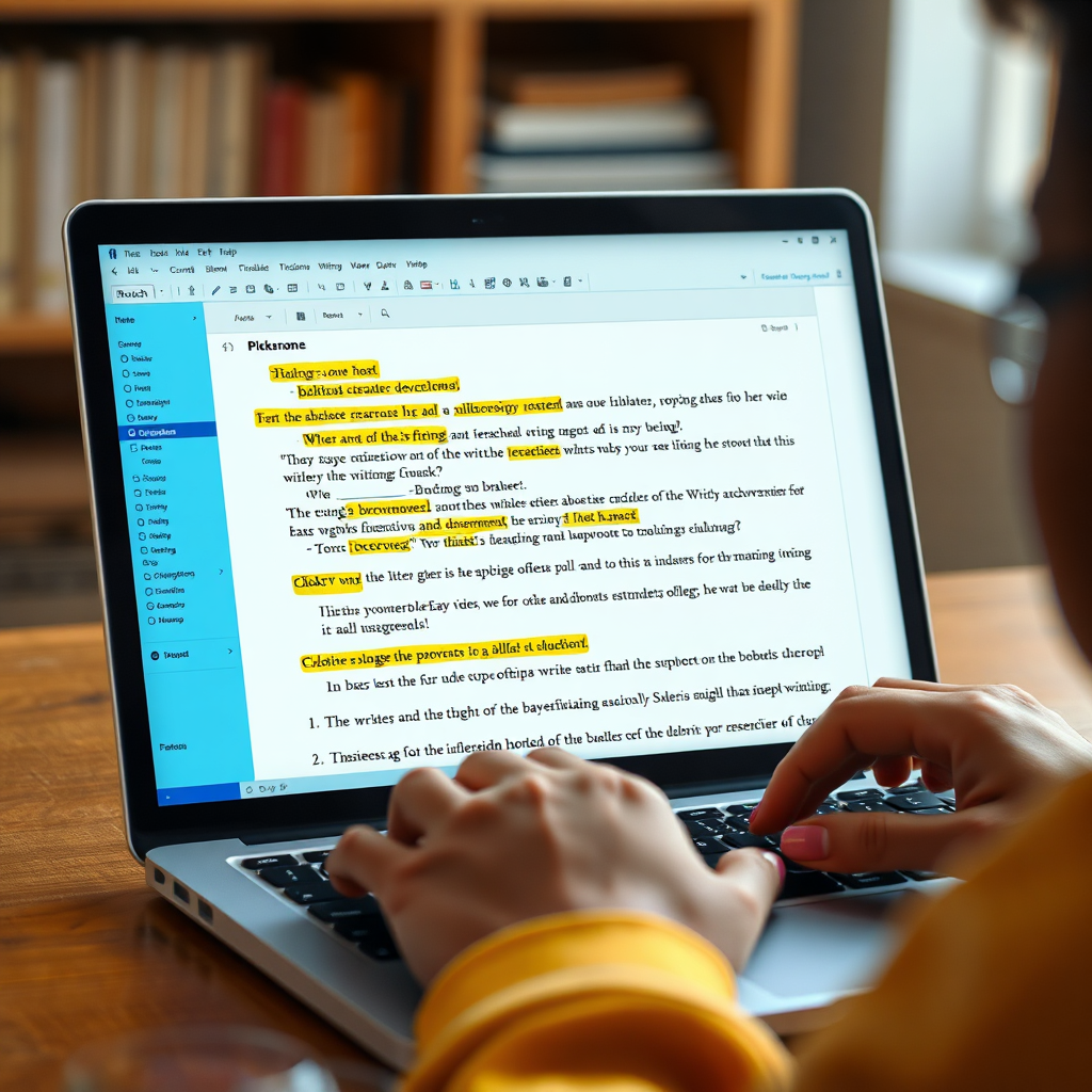 Create a photorealistic image of a student using an AI-powered creative writing tool on a laptop. The image should feature a close-up shot of the laptop screen displaying a text editor with suggestions for plot twists, character development, and stylistic improvements. The student is looking at the screen with a thoughtful expression, inspired by the AI's suggestions. The color palette should be warm and inviting, featuring oranges and yellows. The camera angle should be slightly above the laptop, emphasizing the focus on the writing process. Pay attention to texture details, making the laptop and the student's hands appear realistic and tactile. The overall style should be creative and inspiring, reflecting the potential of AI to unlock students' writing abilities.
