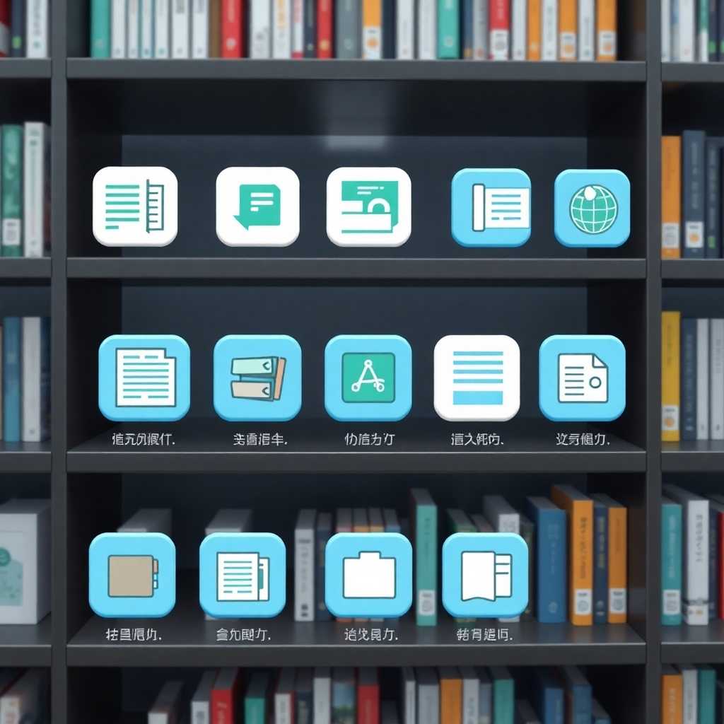 Create a photorealistic image of a well-organized digital library interface displaying various Chinese teaching resources. The interface should feature icons representing different types of resources: lesson plans, worksheets, videos, and interactive exercises. Each icon should be visually distinct and appealing. The overall color scheme should be clean and professional, using blues, greens, and grays. Focus on clarity and ease of navigation within the library. Render in 8k resolution with hyperrealistic detail.