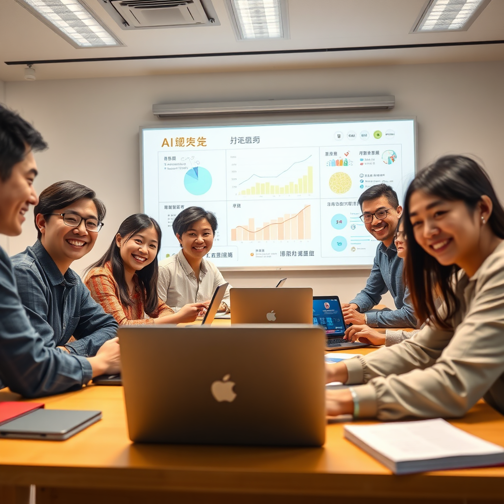 Create a photorealistic, ultra-high quality (8K resolution) header image for "必胜中文 Bisheng Chinese". The image should depict a bright and modern classroom setting. In the foreground, a diverse group of teachers is collaboratively working on laptops and tablets, smiling and engaged. The screens display user-friendly AI interfaces with Chinese characters and educational content. In the background, a large interactive whiteboard showcases dynamic graphs and charts generated by AI, illustrating student progress and personalized learning plans. The lighting is warm and inviting, creating a sense of collaboration and innovation. The color palette should be vibrant and optimistic, featuring blues, greens, and yellows. Use a slightly low camera angle to emphasize the scale of the classroom and the sense of teamwork. Pay attention to texture details, making the laptops, tablets, and whiteboard appear realistic and tactile. Add subtle elements, like books and learning materials, to enhance the educational atmosphere. The overall style should be contemporary and professional, reflecting the cutting-edge nature of AI tools in education.