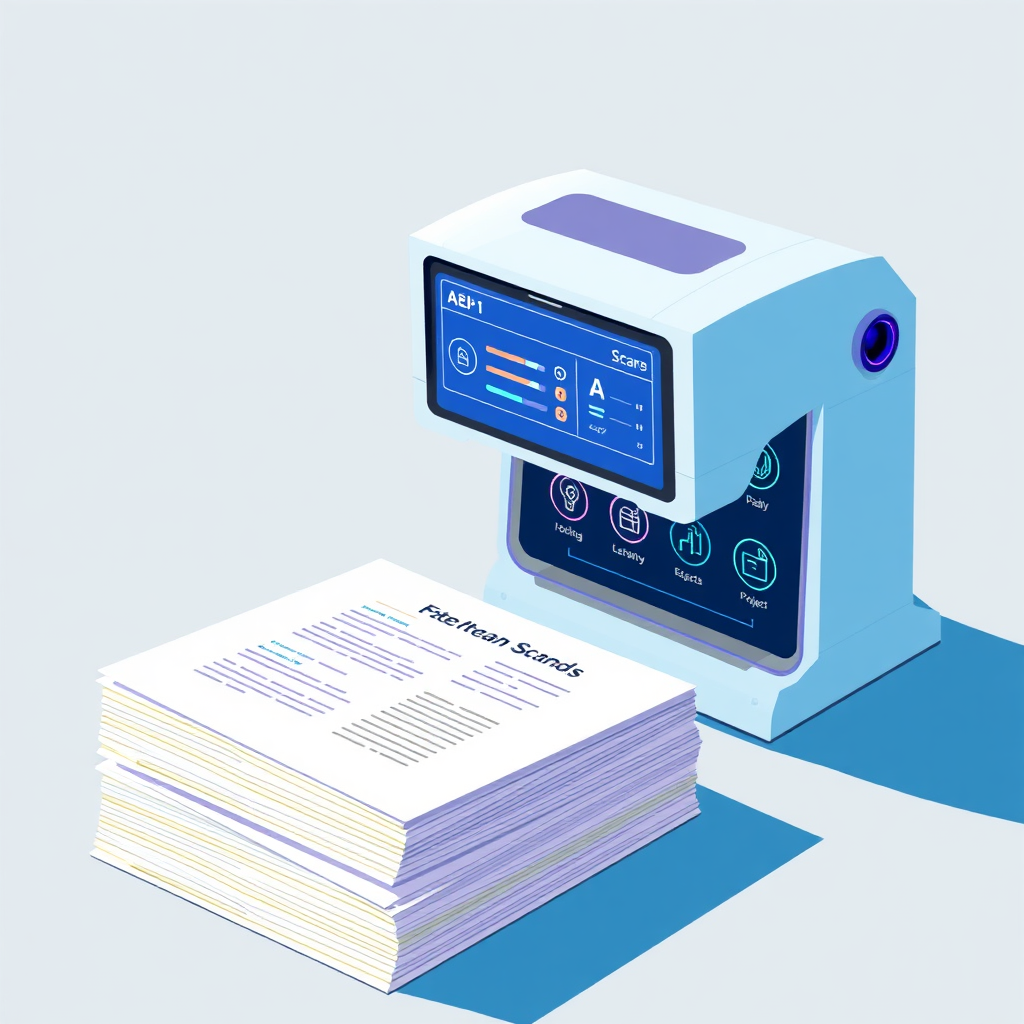 Create a stylized image depicting an AI system automatically grading student assignments. The image should feature a stack of papers being scanned by a futuristic device. The device displays feedback and scores on a digital screen. The color palette should be bright and efficient, featuring blues and purples. The style should be modern and streamlined, emphasizing the speed and accuracy of AI grading. Include icons representing different types of assessments, such as quizzes, essays, and projects. The lighting should be focused and precise, highlighting the technological aspects of the system.