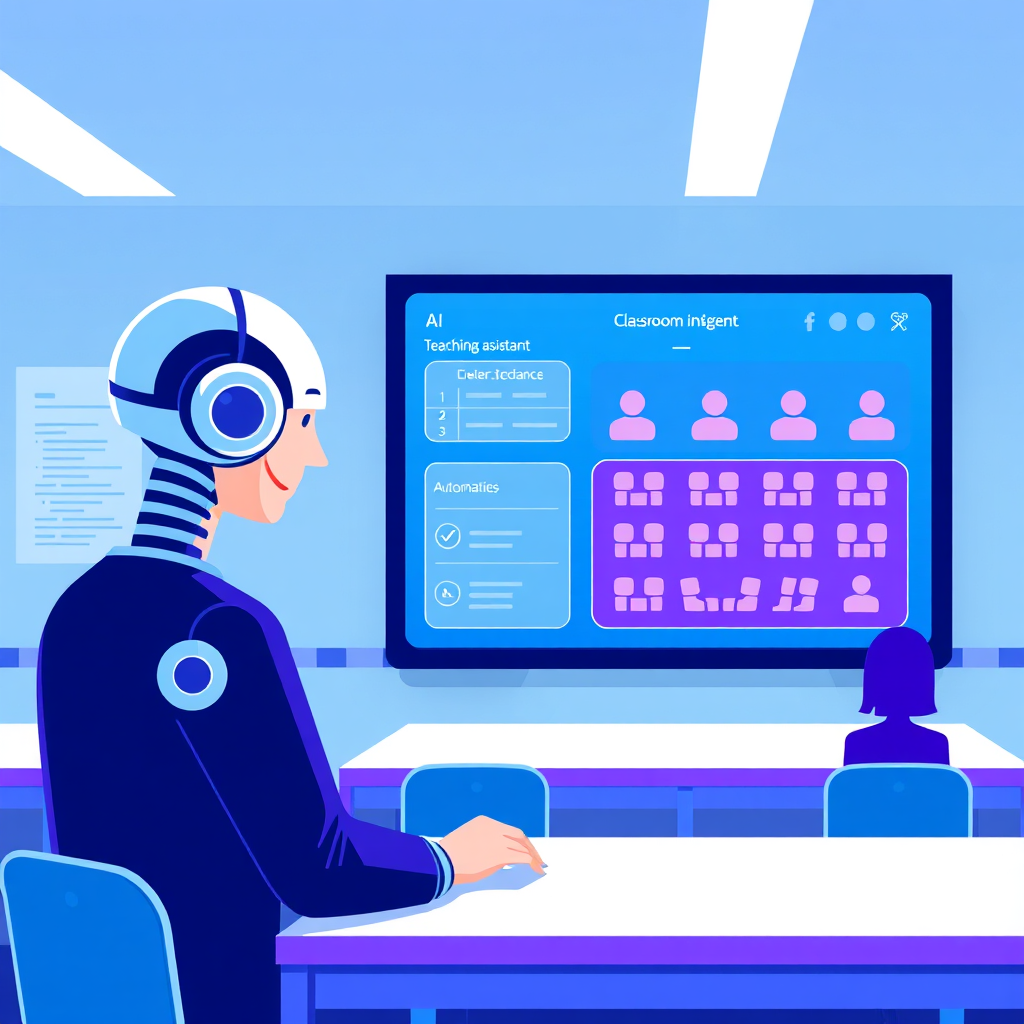 Create a stylized image depicting an AI teaching assistant managing classroom logistics. The image should feature a digital interface displaying student attendance records, seating charts, and automated announcements. The AI assistant is efficiently organizing the classroom, ensuring a smooth and productive learning environment. The color palette should be bright and efficient, featuring blues and purples. The style should be modern and streamlined, emphasizing the ease and automation of AI-powered classroom management. Include icons representing different classroom tasks, such as attendance, seating, and communication. The lighting should be focused and precise, highlighting the technological aspects of the system.