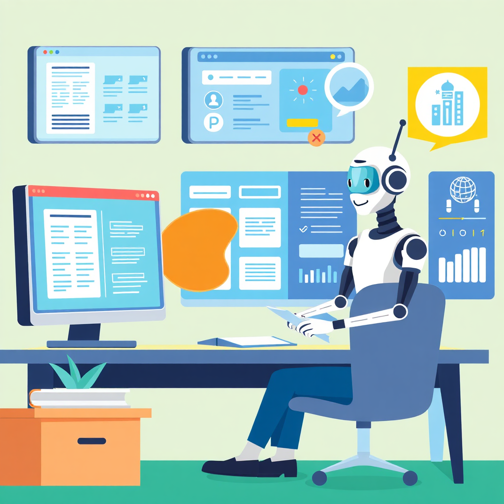 Create a stylized image depicting an AI assistant helping a teacher prepare a lesson. The image should feature a teacher sitting at a desk, surrounded by digital interfaces displaying lesson plans, learning resources, and student data. A friendly AI avatar is visible on one of the screens, offering suggestions and guidance. The color palette should be bright and optimistic, featuring blues, greens, and yellows. The style should be modern and playful, emphasizing the ease and efficiency of using AI for lesson planning. Include icons representing different subjects and teaching activities. The lighting should be warm and inviting, creating a sense of collaboration and support.