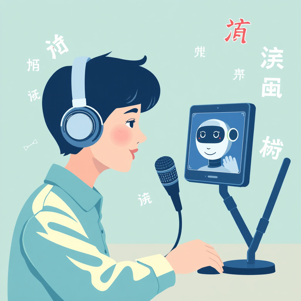 Create a stylized image of an AI language learning assistant helping a student practice Chinese pronunciation. The image should feature a student wearing headphones and speaking into a microphone, with a digital interface displaying real-time feedback on their pronunciation. A friendly AI avatar is visible on the screen, offering encouragement and corrections. The color palette should be calming and supportive, featuring blues and greens. The style should be modern and approachable, emphasizing the ease and effectiveness of AI-powered language learning. Include phonetic symbols and traditional Chinese characters in the background to reinforce the linguistic context. The lighting should be soft and focused, creating a sense of concentration and progress.
