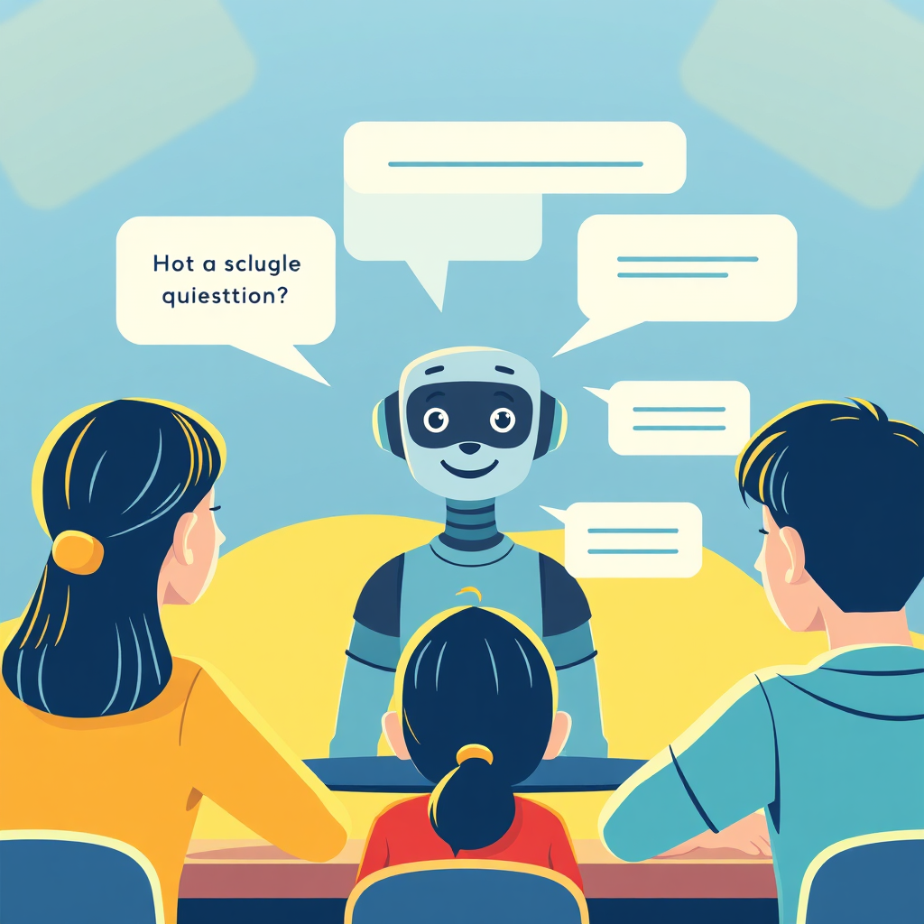 Create a stylized image representing an AI teaching assistant answering student questions. The image should feature a friendly AI avatar interacting with a group of students via a digital interface. The AI avatar is providing clear and concise answers to their questions, displayed in speech bubbles. The color palette should be bright and approachable, featuring blues, greens, and yellows. The style should be modern and playful, emphasizing the ease and accessibility of AI support. Include icons representing different subjects and learning activities. The lighting should be warm and inviting, creating a sense of support and encouragement.