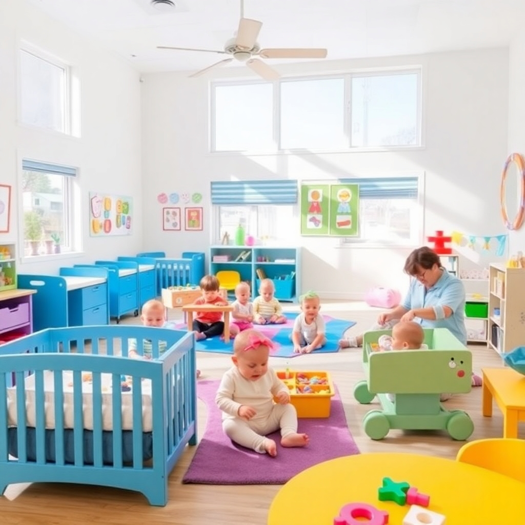 A bright, airy nursery filled with colorful toys, comfortable cribs, and engaging decorations. Several babies are shown playing under the gentle supervision of caregivers. Natural light streams in through large windows. The overall impression is one of safety, happiness, and joyful learning. Style reference: A modern, child-friendly design with a focus on visual appeal and practicality.
