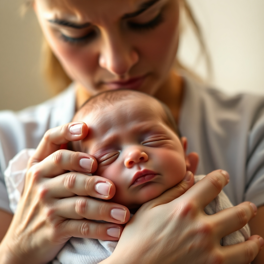 A close-up, photorealistic image of a caregiver gently holding a newborn baby, with a concerned yet reassuring expression. Focus on the hands providing support and the baby's peaceful face. Soft, warm lighting emphasizes the tenderness of the moment. The background is blurred to keep the focus on the connection between caregiver and child. Style reference: A classic, emotionally resonant portrait.
