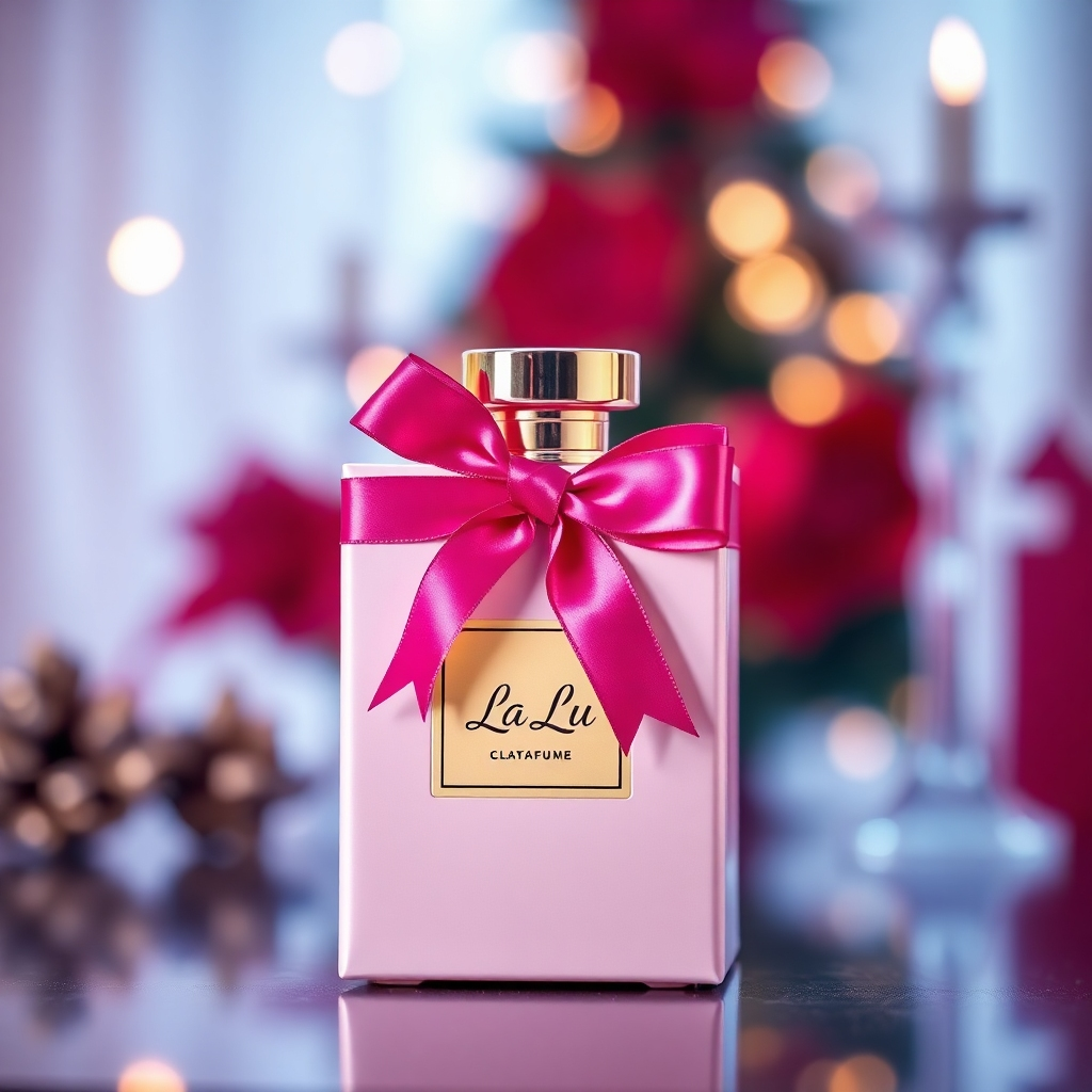 Create a photorealistic image depicting a La Lu perfume bottle resting on a bed of luxurious fabrics, such as silk or velvet. The fabrics should be richly colored and textured, conveying a sense of opulence and luxury. Lighting should be soft and diffused, highlighting the elegance of the bottle and the fabrics. Technical specs: 4K resolution, high quality.
