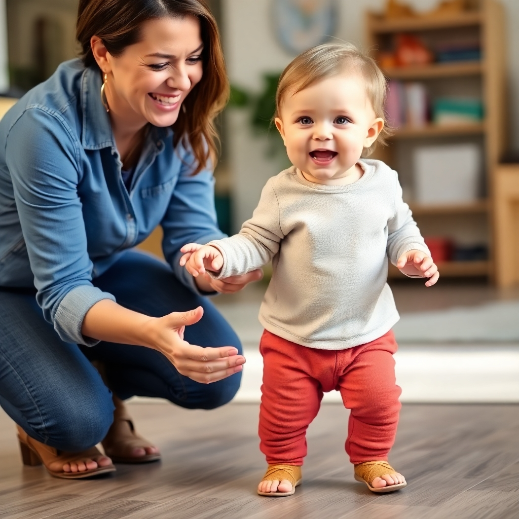A slightly older toddler is shown taking their first steps, with a caregiver offering encouraging support and a beaming smile. The scene should convey a sense of accomplishment and the power of consistent encouragement. The setting is a safe and supportive indoor environment. Style reference: A candid, heartwarming moment captured with a focus on natural emotion and expression.