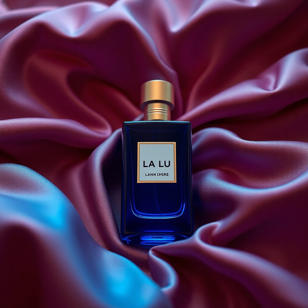 Create a photorealistic image depicting a La Lu perfume bottle resting on a bed of luxurious fabrics, such as silk or velvet. The fabrics should be richly colored and textured, conveying a sense of opulence and luxury. Lighting should be soft and diffused, highlighting the elegance of the bottle and the fabrics. Technical specs: 4K resolution, high quality.