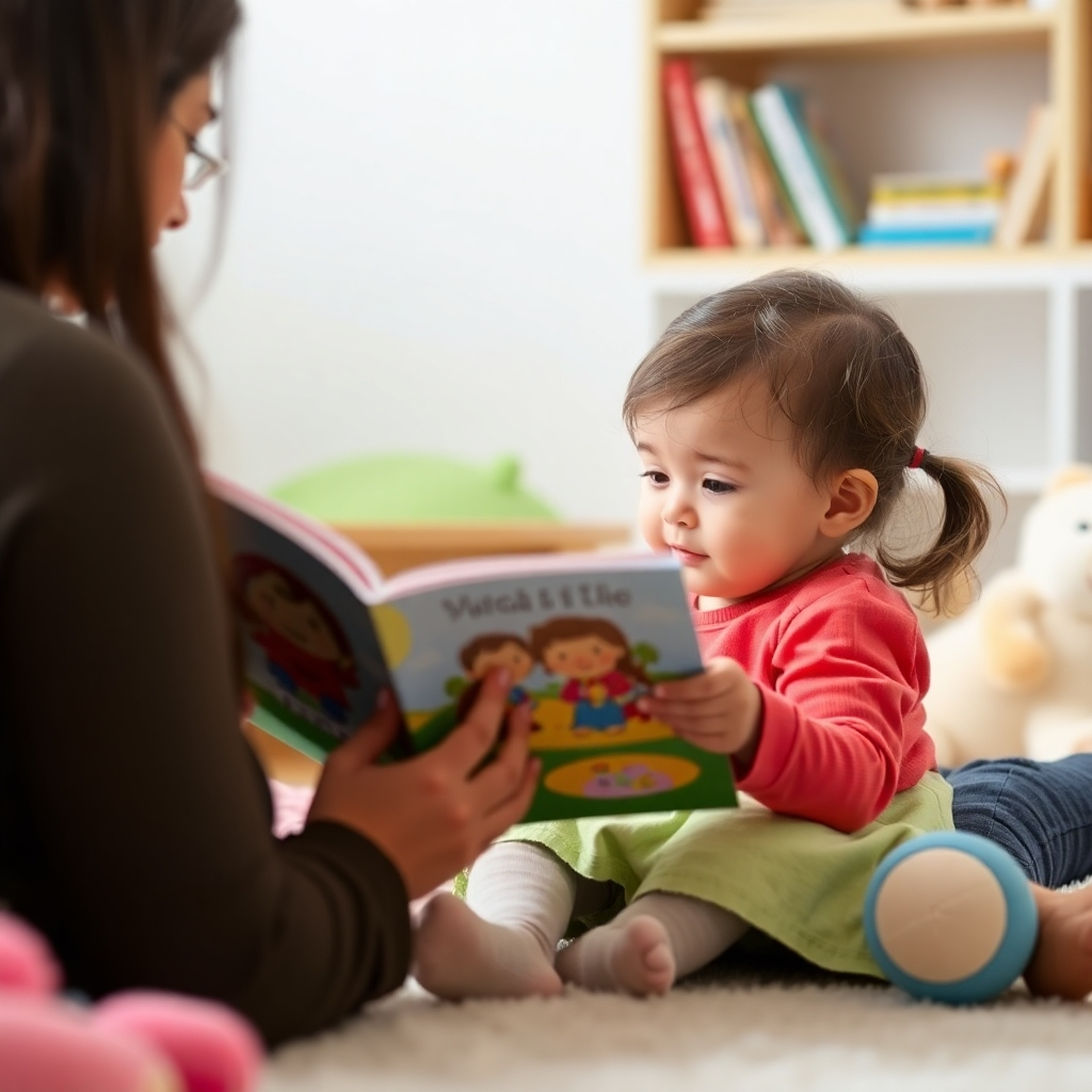 Image should show a caregiver reading a colorful picture book to a small child. The focus is on the interaction between them, conveying personalized attention and a bond being formed. Soft lighting and a warm color palette create an intimate and comforting atmosphere. The background includes elements like bookshelves and soft toys to indicate a learning environment.