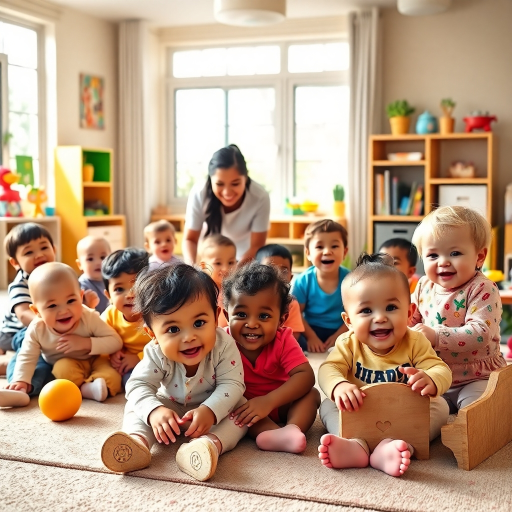 Photorealistic 4K image depicting the core values of Rock of Hope. Several babies and toddlers of diverse ethnic backgrounds are playing happily in a bright, safe indoor environment, supervised by two loving caregivers. The room is decorated with colorful, age-appropriate toys and educational materials. Natural light streams in through large windows. The color palette is warm and inviting, with primary and secondary colors balanced by neutral tones. The camera angle is a wide shot, capturing the entire scene and conveying a sense of community and joyful interaction. Texture details include soft carpets, smooth wooden toys, and the children's expressive faces. Style reference: A blend of documentary photography and heartwarming portraiture, focused on authenticity and emotion.