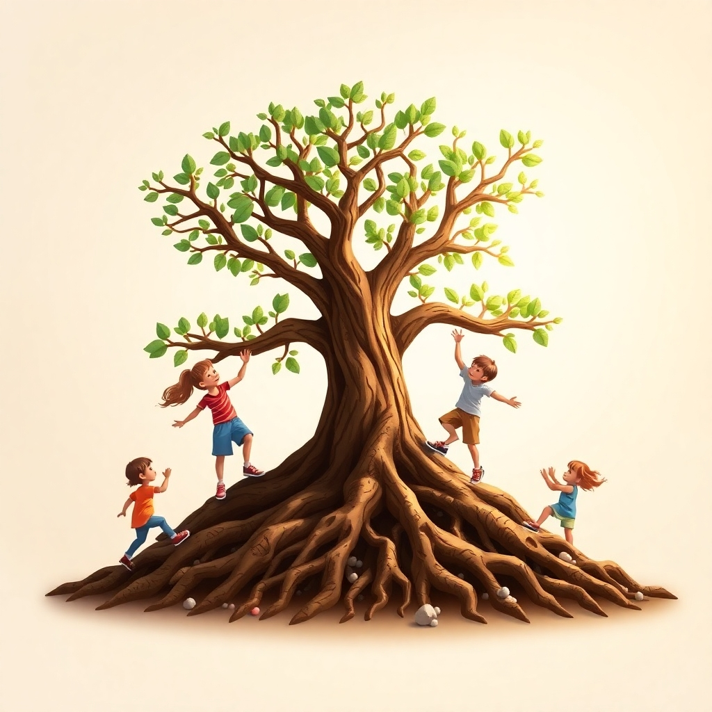 Show a strong, sturdy tree with deep roots, symbolizing the foundational support Rock of Hope provides. Children are playing around the tree, representing growth and flourishing. The lighting is warm and inviting, highlighting the sense of security and resilience.