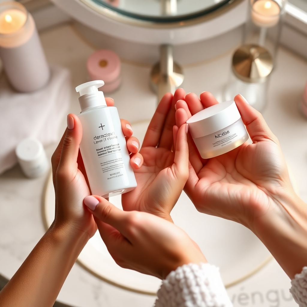 A photorealistic image depicting a woman gently applying moisturizer to her face. She is in a brightly lit bathroom with a minimalist design. Her expression is serene and peaceful. The color palette is clean and fresh, with whites, creams, and pastel blues dominating. Camera angle: Close-up, focusing on her hands and face. Texture details should highlight the smooth texture of her skin and the creamy texture of the moisturizer. Props include a mirror, skincare products, and a soft towel. Style reference: Capture the essence of a spa advertisement with a focus on relaxation and well-being. Technical specs: 4K resolution, high quality.