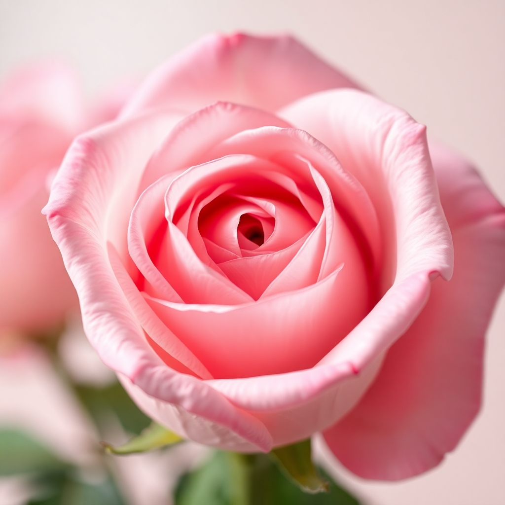 A photorealistic image representing the core of Blushly Beauty. Focus on a close-up shot of a blooming rose, its petals unfurling to reveal its inner beauty. Soft, diffused light highlights the intricate details and textures of the petals, creating a sense of delicate elegance. The color palette should be primarily pastel pinks and greens, with subtle hints of gold to add a touch of luxury. Camera angle: Macro, focusing on the center of the rose. The background is blurred to keep the focus on the flower. The environment is a softly lit studio, with a gentle breeze creating a sense of movement. Style reference: Inspired by classic floral photography with a modern, minimalist twist. Technical specs: 4K resolution, high quality, shallow depth of field.