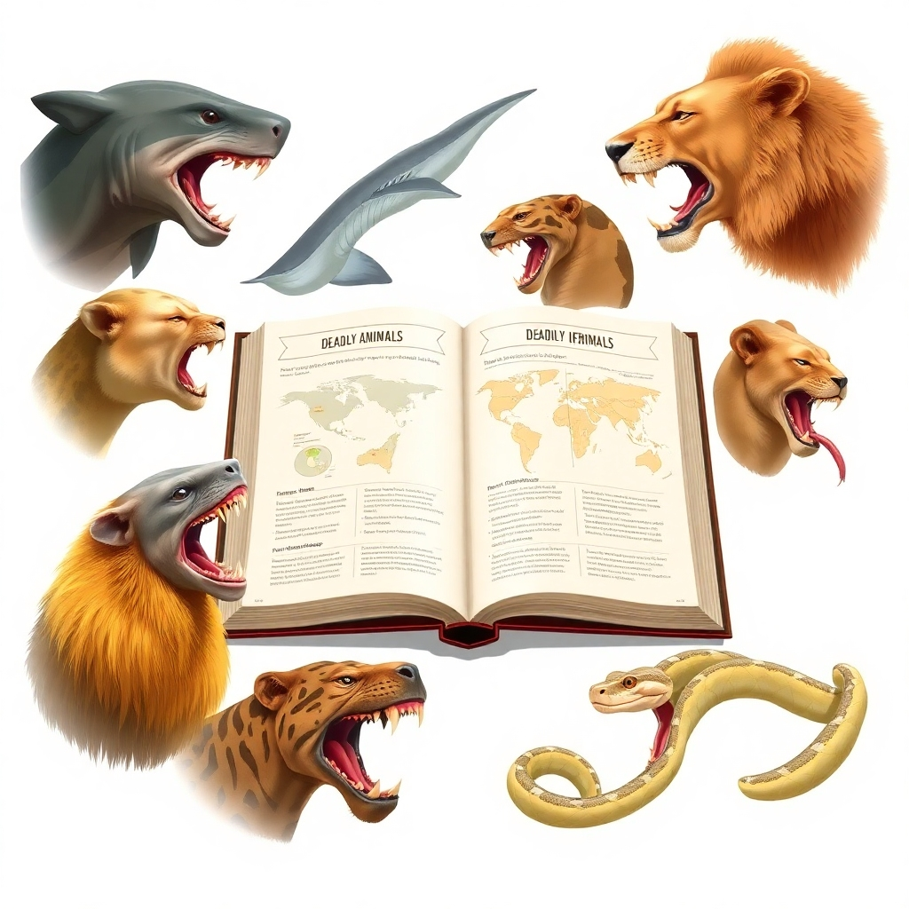 Create a digital illustration showcasing various deadly animals' profiles surrounding an open book with diagrams, maps, and key information points visible on the pages. Highlight unique characteristics, such as a shark's teeth, a lion's paw, or a snake's fangs. The color palette should be educational and informative, using soft earth tones and blues.