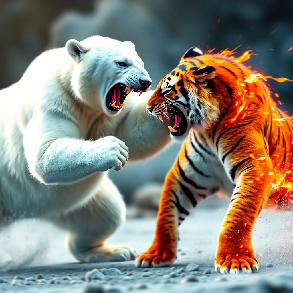 Create a dynamic, stylized image depicting a battle simulation between a polar bear and a tiger. The background should be a blurred, abstract representation of their respective habitats. The animals should be posed in a fighting stance, with energy effects highlighting their power. The color palette should be intense, using reds, oranges, and blues to create a sense of conflict.
