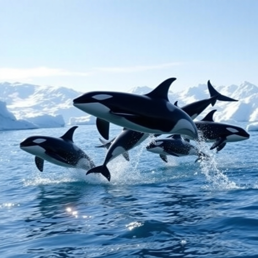 Create a photorealistic image of a pod of orcas hunting in the Arctic waters. The orcas should be leaping out of the water, with icebergs and snow-covered mountains in the background. The lighting should be bright and crisp, with reflections of sunlight on the water. The color palette should be dominated by blues and whites, with hints of black and grey. Consider a wide-angle shot to capture the scale of the scene and the orcas' agility.