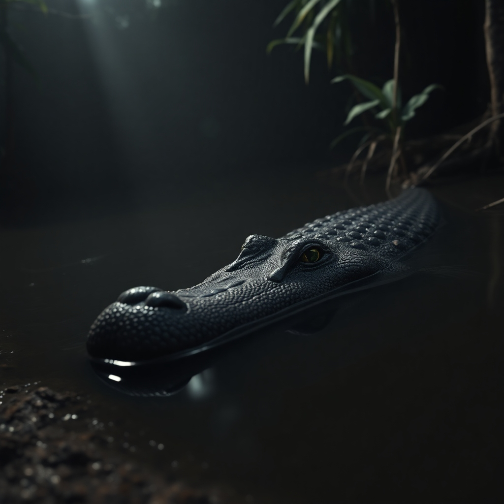 Create a photorealistic image of a Nile crocodile lurking in murky water. The crocodile is partially submerged, with only its eyes and snout visible above the surface. The water should be dark and still, reflecting the surrounding vegetation. The lighting should be dim and ominous, with a single ray of sunlight piercing through the canopy. Focus on the texture of the crocodile's scales and the sharpness of its teeth. The environment should be a typical African riverbank, with dense vegetation and muddy shores. Consider a low camera angle to emphasize the crocodile's predatory nature.