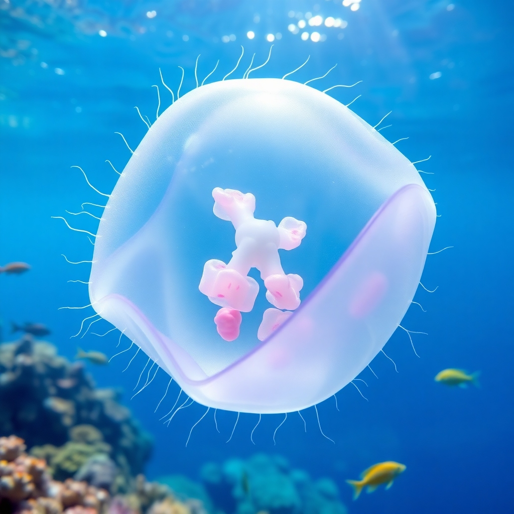 Create a photorealistic image of a Box Jellyfish drifting in clear, tropical waters. The jellyfish should be translucent, with its internal organs visible. The lighting should be bright and diffused, highlighting the jellyfish's delicate structure. The color palette should be dominated by blues and greens, with subtle hints of pink and purple. The environment should be a coral reef, with colorful fish and other marine life in the background. Consider a close-up shot to emphasize the jellyfish's intricate details.