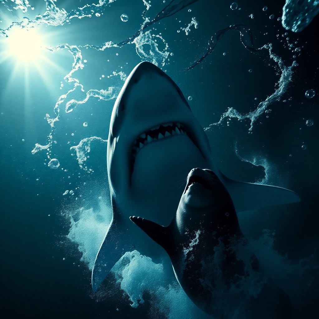 Create a photorealistic image of a great white shark emerging from the depths of the ocean to attack a seal. The shark should be silhouetted against the sunlight, with its jaws open and teeth bared. The water should be dark and turbulent, with bubbles and foam creating a sense of chaos. The lighting should be dramatic, with highlights on the shark's teeth and the seal's fur. Consider a low camera angle to emphasize the shark's size and power.