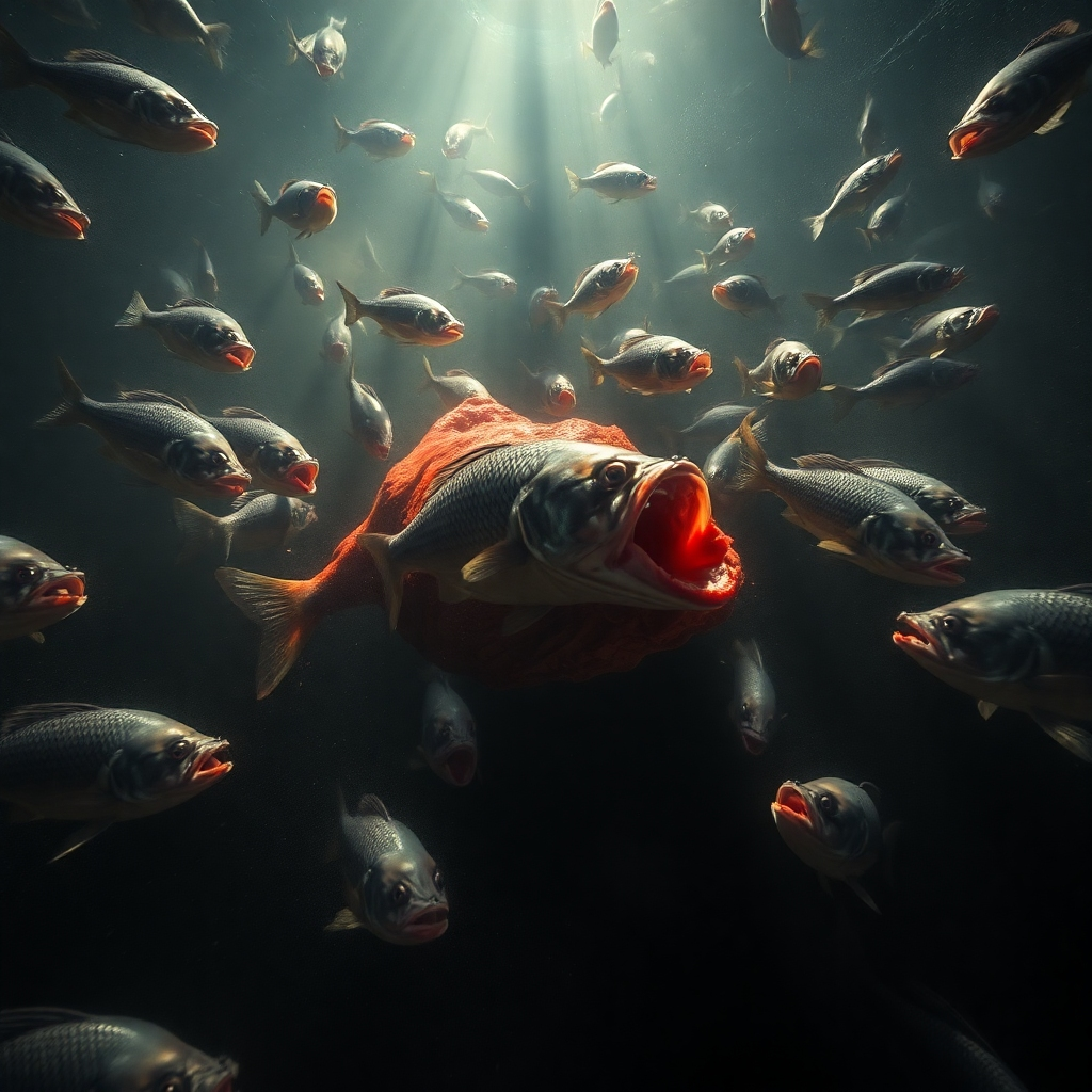 Create a photorealistic image of a school of piranhas swarming a piece of meat in murky water. The piranhas should be aggressively feeding, with their sharp teeth visible. The water should be dark and murky, with blood clouding the scene. The lighting should be dim and ominous, with a single ray of sunlight piercing through the surface. Consider a close-up shot to emphasize the piranhas' teeth and their feeding frenzy.