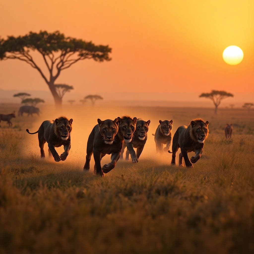 Create a photorealistic image of a pride of lions hunting on the African savanna at dusk. The lions should be in the middle of a chase, with dust and grass flying through the air. The lighting should be warm and golden, with long shadows stretching across the landscape. The color palette should be dominated by browns and yellows, with hints of orange and red. The environment should be a wide-open grassland, with scattered trees and a setting sun in the background. Consider a wide-angle shot to capture the scale of the hunt.