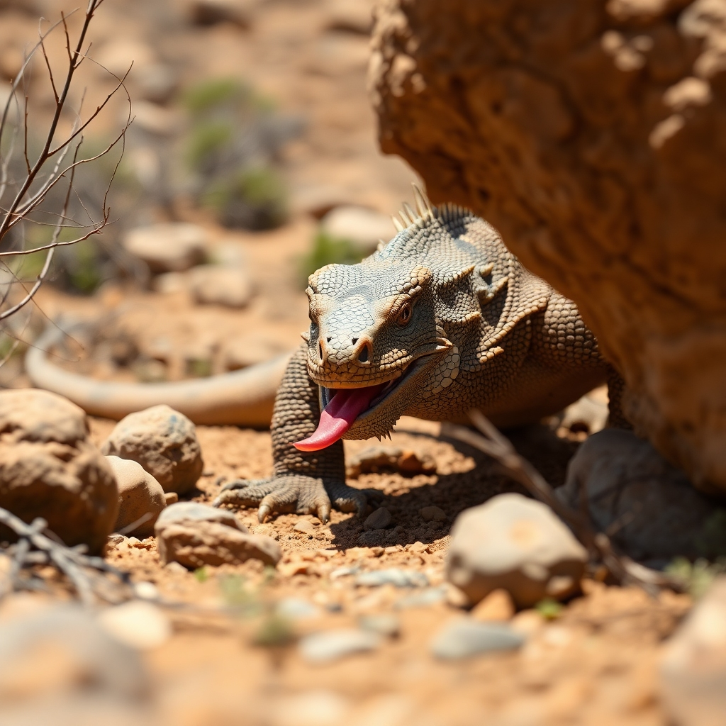 Create a photorealistic image of a Komodo dragon stalking its prey in a dry, arid landscape. The dragon should be partially obscured by rocks and vegetation, with its tongue flicking out. The lighting should be harsh and direct, emphasizing the dragon's scales and claws. The color palette should be dominated by browns and tans, with hints of green. Consider a low camera angle to emphasize the dragon's size and power.