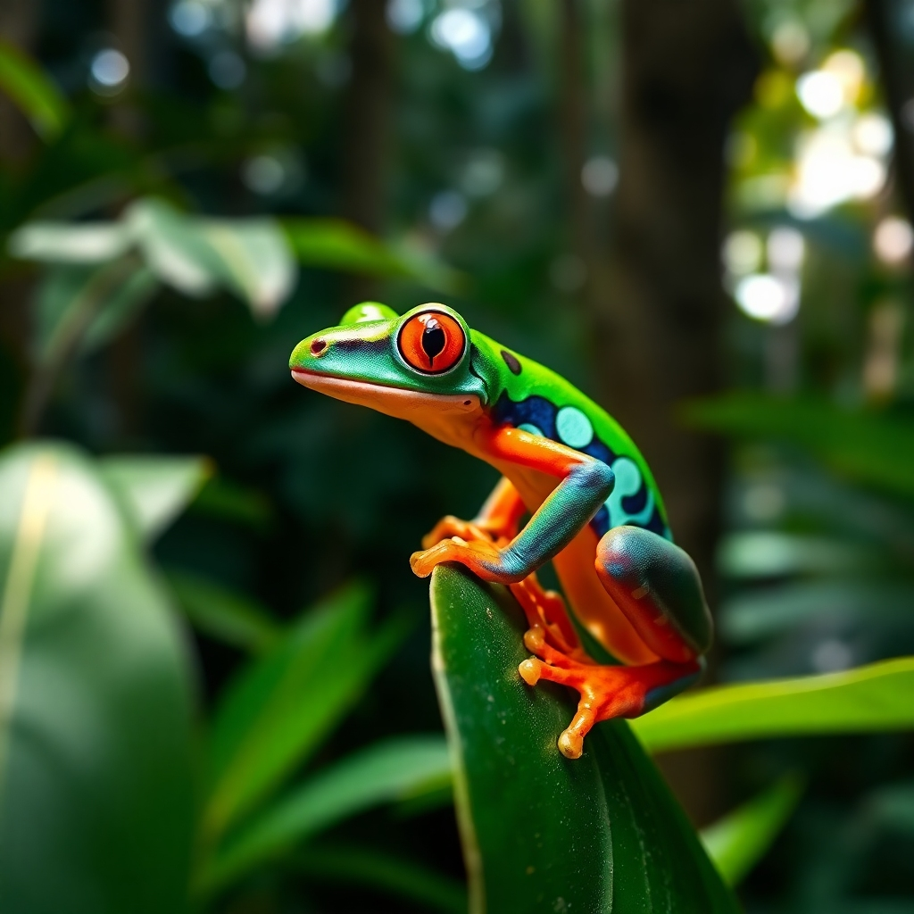 Create a vibrant, high-resolution image of a poison dart frog perched on a leaf in a rainforest. The frog should be brightly colored, with intricate patterns on its skin. The lighting should be soft and diffused, highlighting the frog's vibrant colors. The background should be a lush rainforest environment, with dense foliage and dappled sunlight. Focus on the texture of the frog's skin and the details of its eyes. Consider a macro shot to emphasize the frog's small size and intricate details.