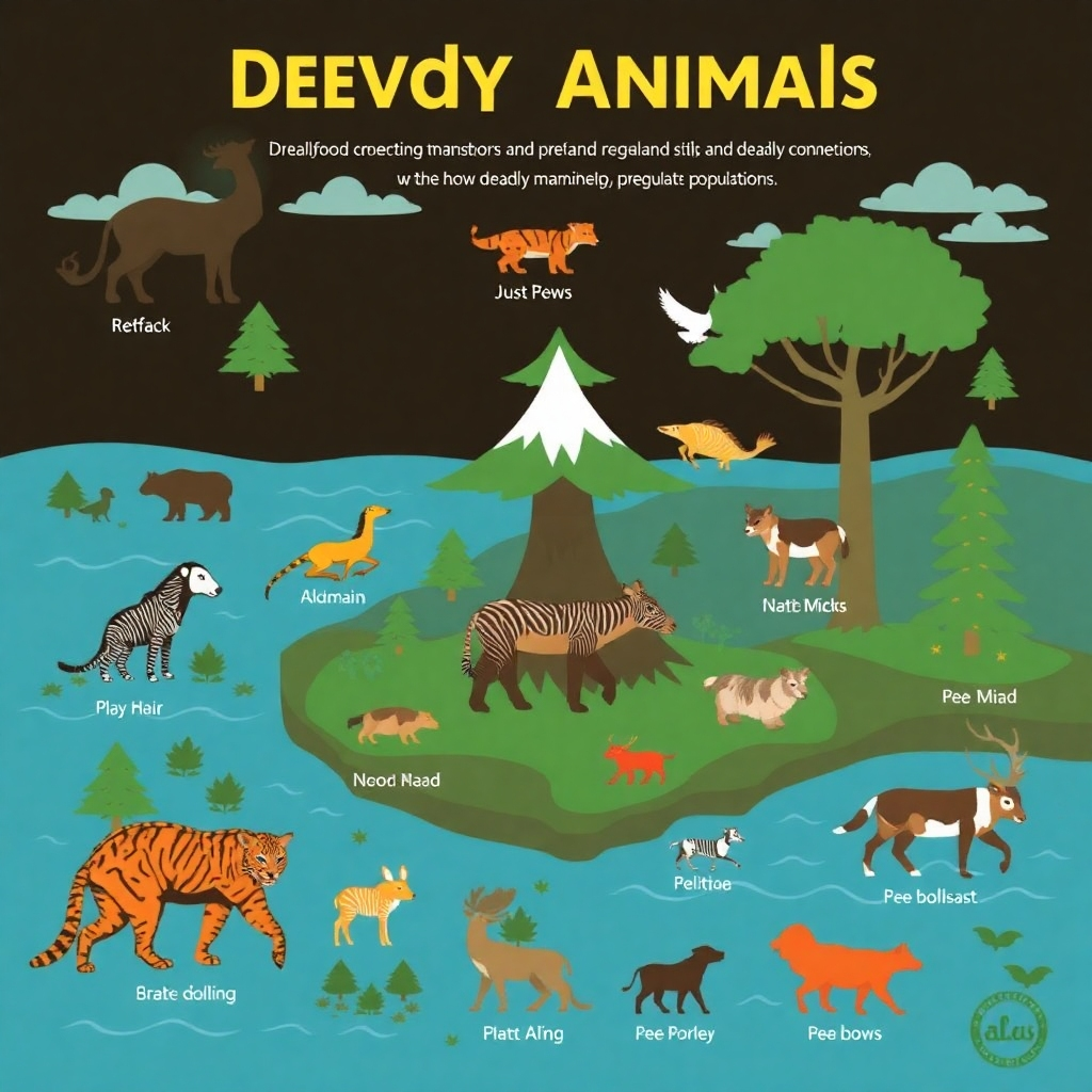 Create a visually appealing ecosystem graphic with different deadly animals shown within their respective ecosystems. Illustrate the food web connections, showing the balance of predators and prey within a specific region, with an emphasis on how certain deadly animals help regulate populations.