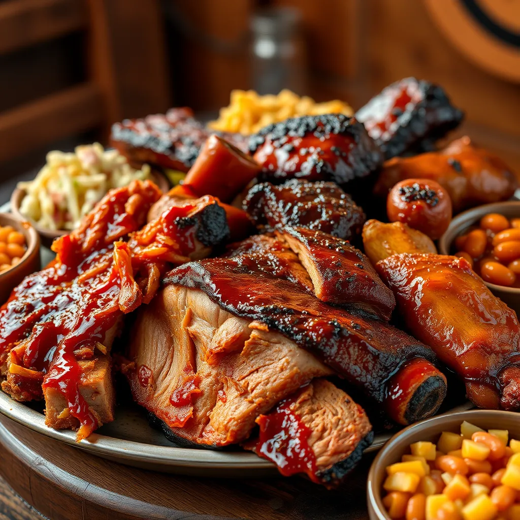 A close-up shot of a platter filled with various BBQ meats, including pulled pork, ribs, brisket, and chicken, with sides like coleslaw, baked beans, and potato salad. The image should be captured in a rustic setting with a warm, inviting atmosphere. The meats should be glistening with BBQ sauce and the sides should be colorful and appealing.