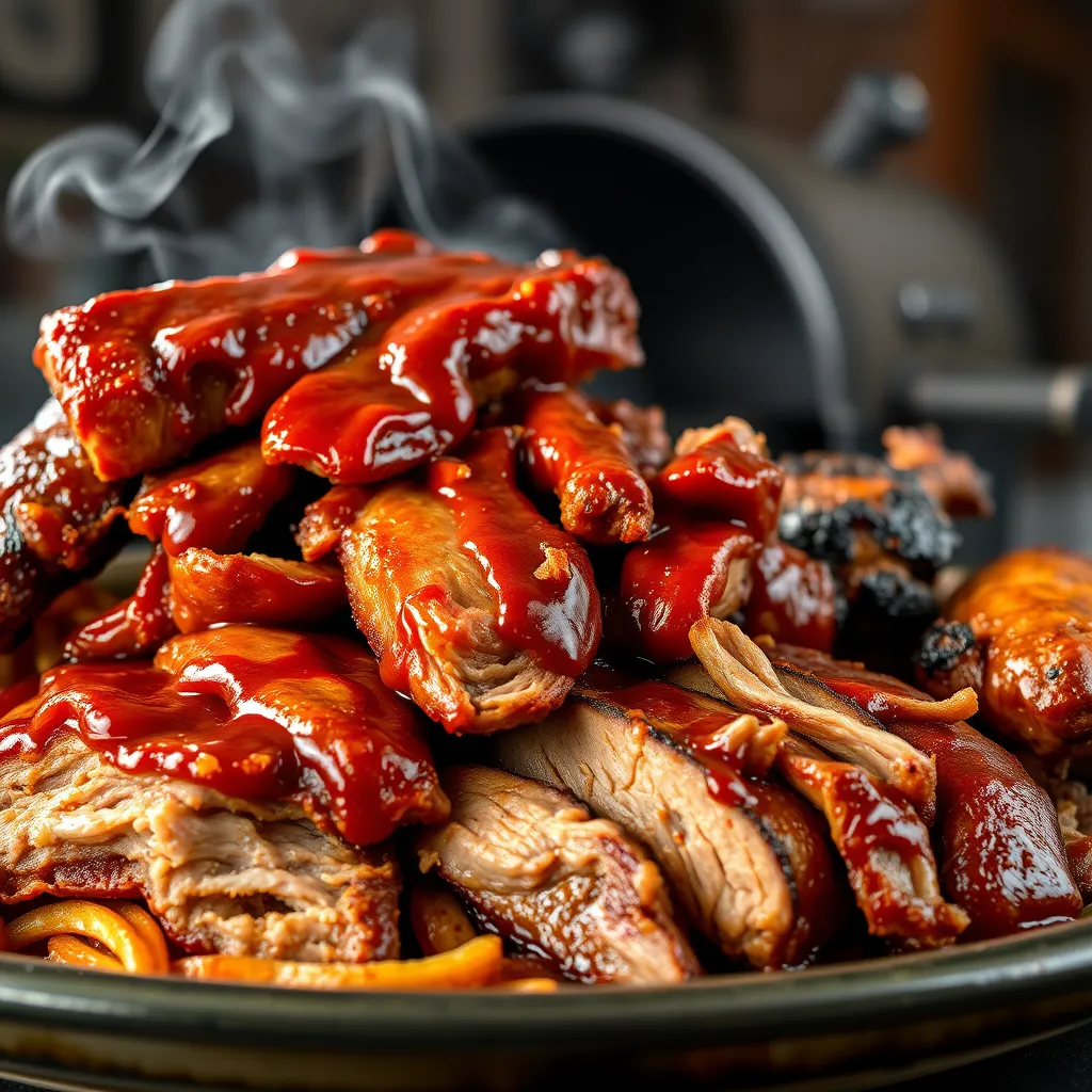 A close-up shot of a platter piled high with mouthwatering BBQ ribs, pulled pork, and smoked chicken. The meat is glistening with smoky sauce, and there are charred edges visible. In the background, a traditional smoker is emitting plumes of fragrant smoke.