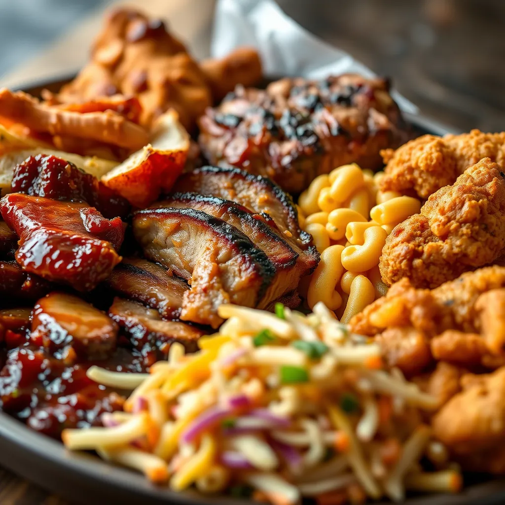A close-up shot of a platter showcasing a variety of barbecue specialties. Include succulent smoked brisket, tender pulled pork, crispy fried chicken, smoky mac and cheese, and tangy coleslaw. Focus on the mouthwatering textures, glistening sauces, and rich colors of the food.