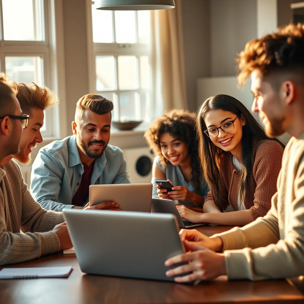 A group of diverse young adults gathered around a table, discussing life experiences and spiritual insights while referencing a Christian podcast or blog on their laptops and smartphones, with a warm, natural light setting.
