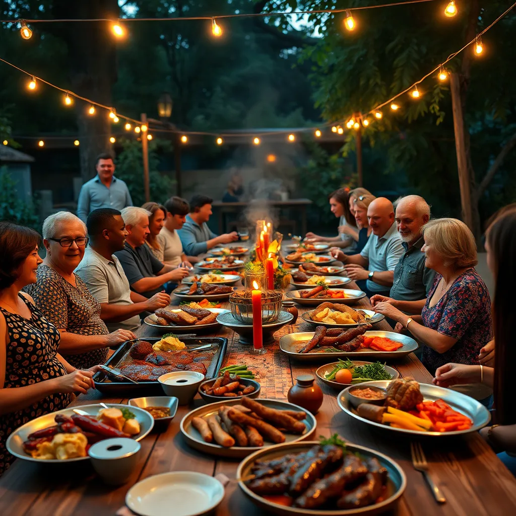 A group of people gathered around a long table outdoors, enjoying a BBQ meal. The table is decorated with rustic elements, and there are various catering platters with BBQ meats and sides. The image should showcase a vibrant and lively atmosphere with guests enjoying the food and each other's company.