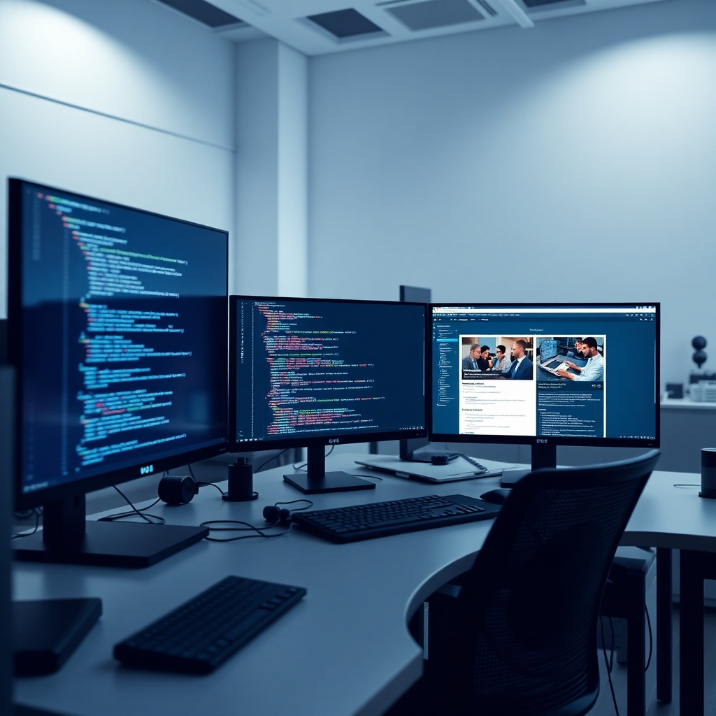A photorealistic image depicting a developer's workspace with multiple monitors displaying clean code, a design mockup, and a browser preview of a website under development. The room should be well-lit and modern, showcasing sleek technology. The image should emphasize precision, order, and focus.