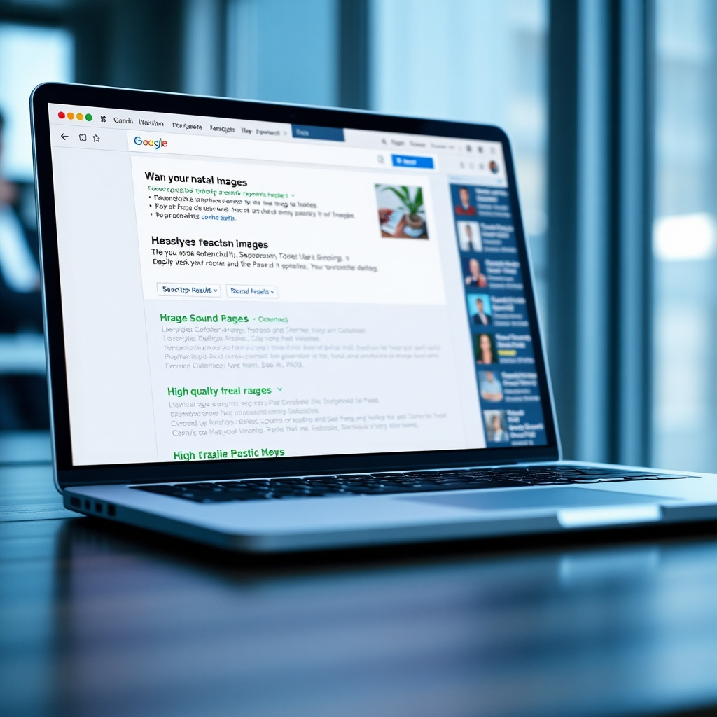 A photorealistic image of a laptop displaying a website with a well-structured page, clear headings, high-quality images, and insightful text. Search engine results page (SERP) snippets should be visible in the background, showing top rankings for relevant keywords. The overall scene should evoke feelings of professionalism, trust, and authority, suggesting a well-optimized website attracting organic traffic.