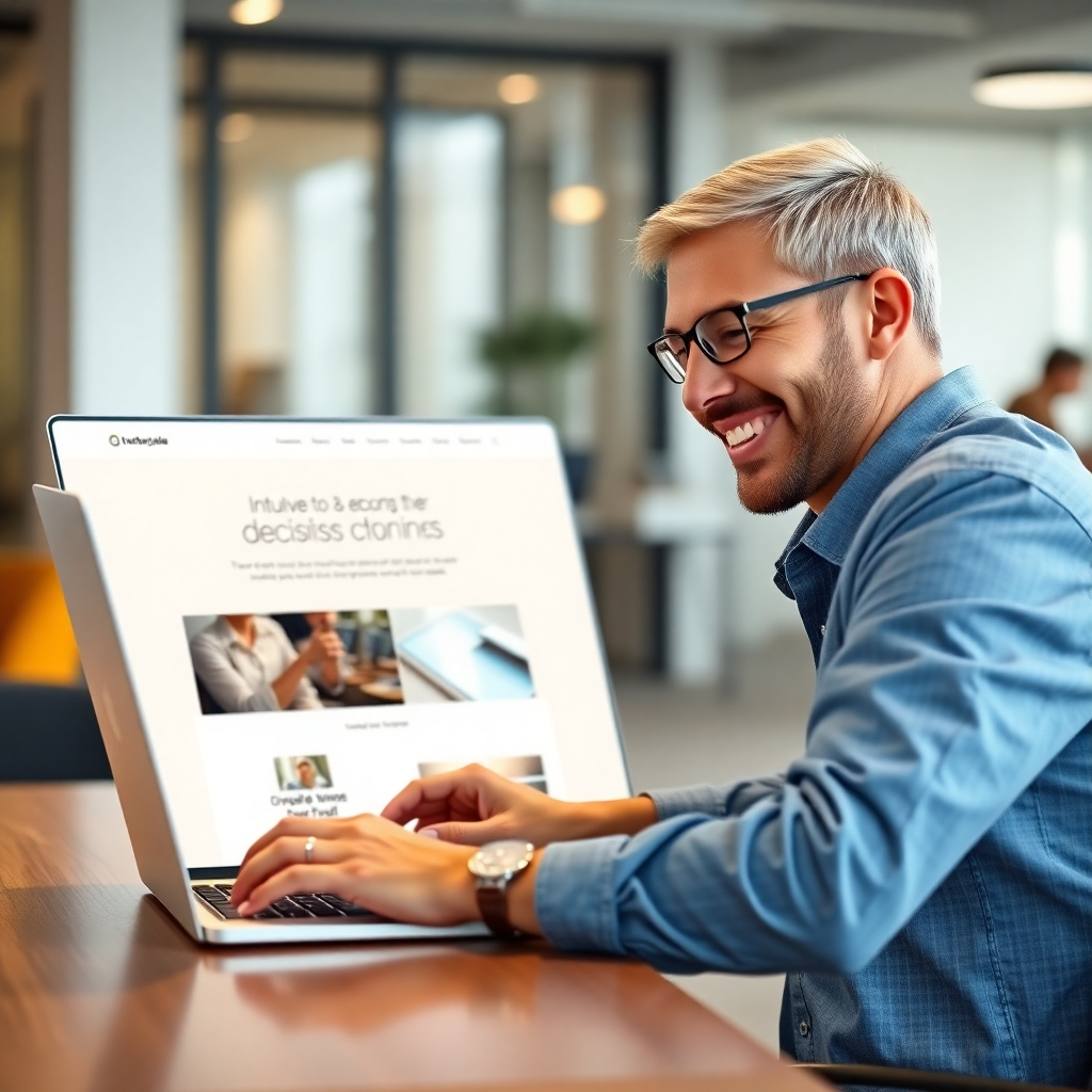 A photorealistic image of a person smiling while effortlessly navigating a clean, modern website on a laptop, with a focus on intuitive design and clear calls to action.  The website should feature a bright, airy color palette and easy-to-read typography. The background should be a blurred, out-of-focus image of a modern office space.